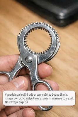 V predalu za jedilni pribor sem našel te čudne škarje. Imajo okroglo odprtino z zobmi namesto rezil. Ne režejo papirja.