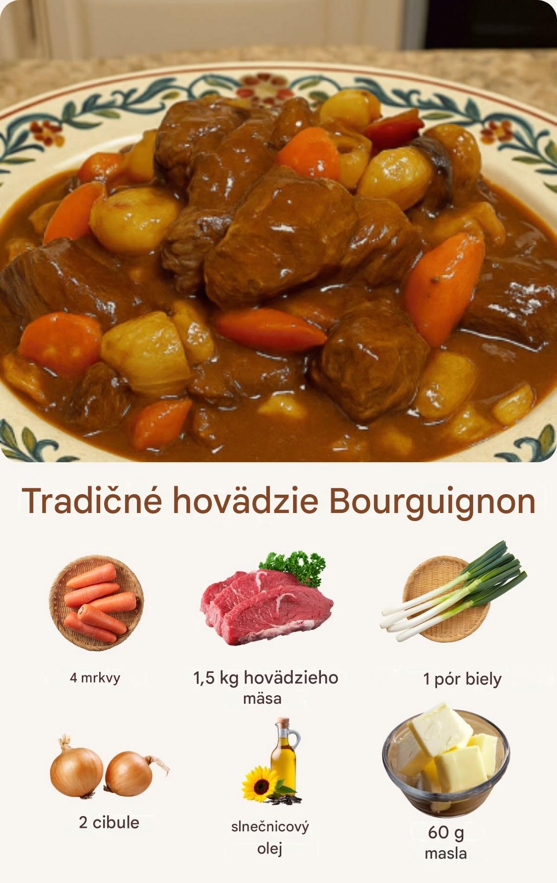 Govedina po bourguignon, tako kot v starih časih … Ultra mehko meso, bogata in dišeča omaka, počasi kuhana, da napolni vso hišo s svojo aromo. Jed, ki bo vse zbrala za mizo.